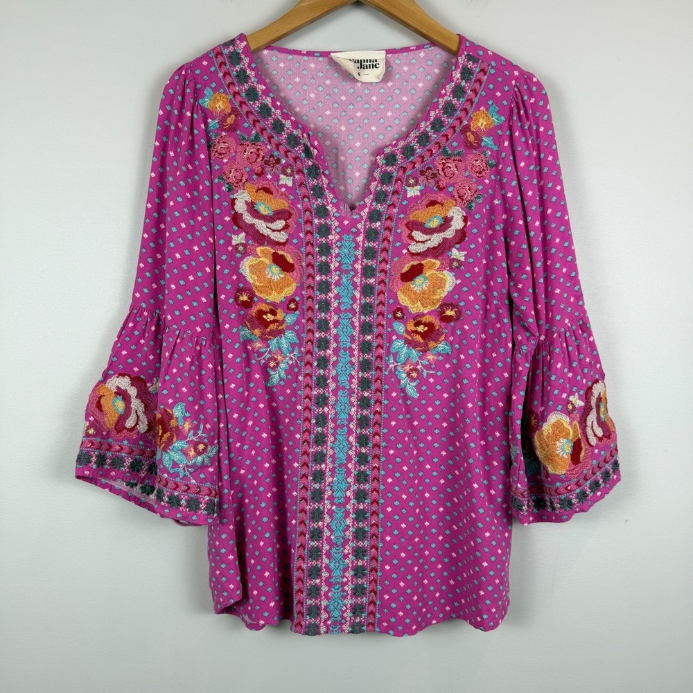 Savanna Jane Top Women S Pink Multi Floral Embroidered Bell Sleeve Cottage Boho